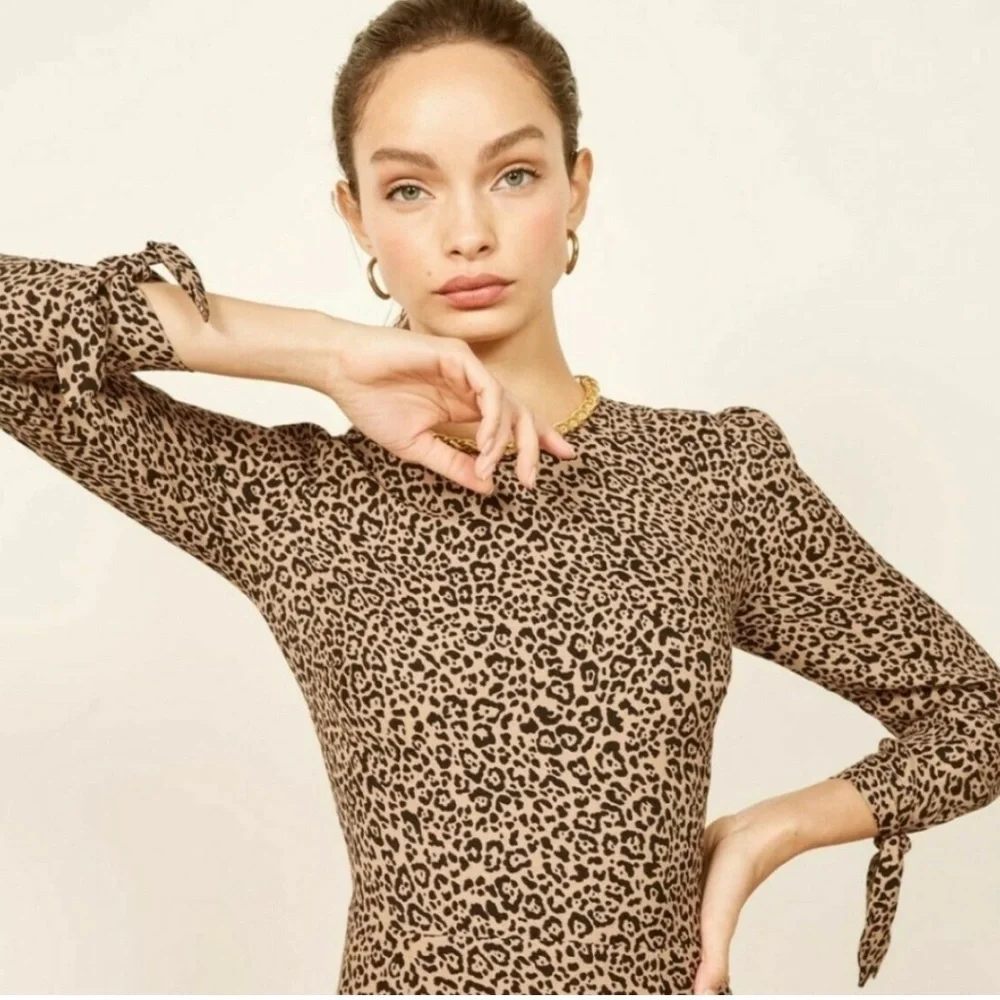 Reformation Animal Print Dress 3/4 Sleeve W/Ties Front Slit SZ 12 fits like a 10 - Picture 8 of 16